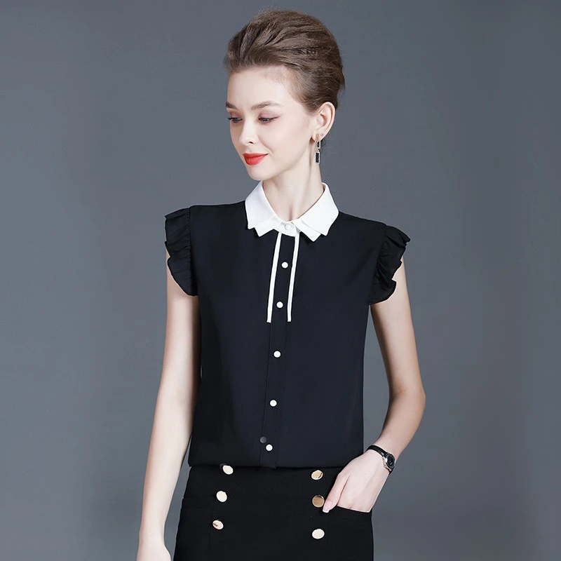 雪纺衬衫女百搭飞飞袖优雅设计感上衣女气质职业修身显瘦黑色衬衣