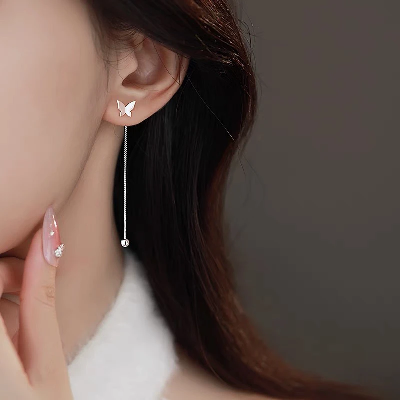 925银耳饰 蝴蝶螺丝耳线女长款流苏设计感简约气质耳钉高级感耳饰