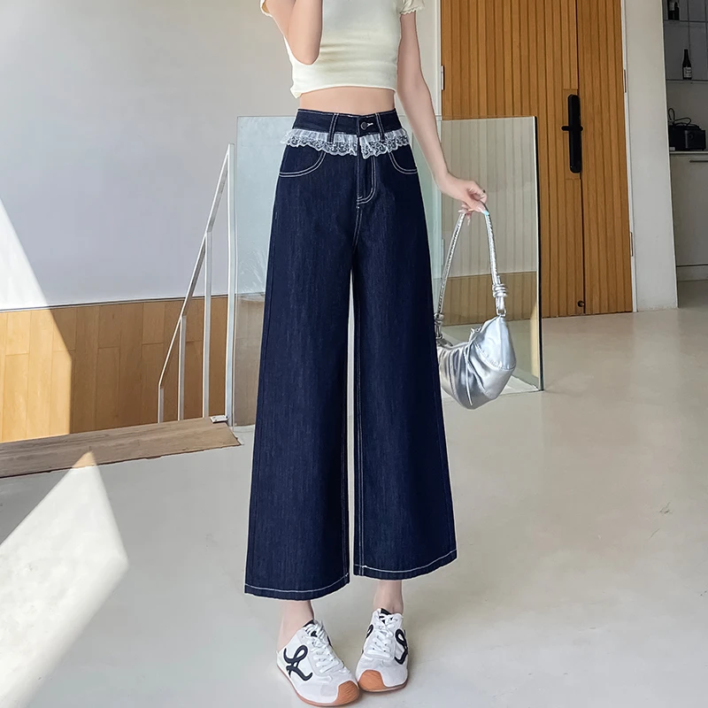 丹宁蓝蕾丝花边阔腿牛仔裤女2025夏薄款小个子少女感宽松直筒裤子