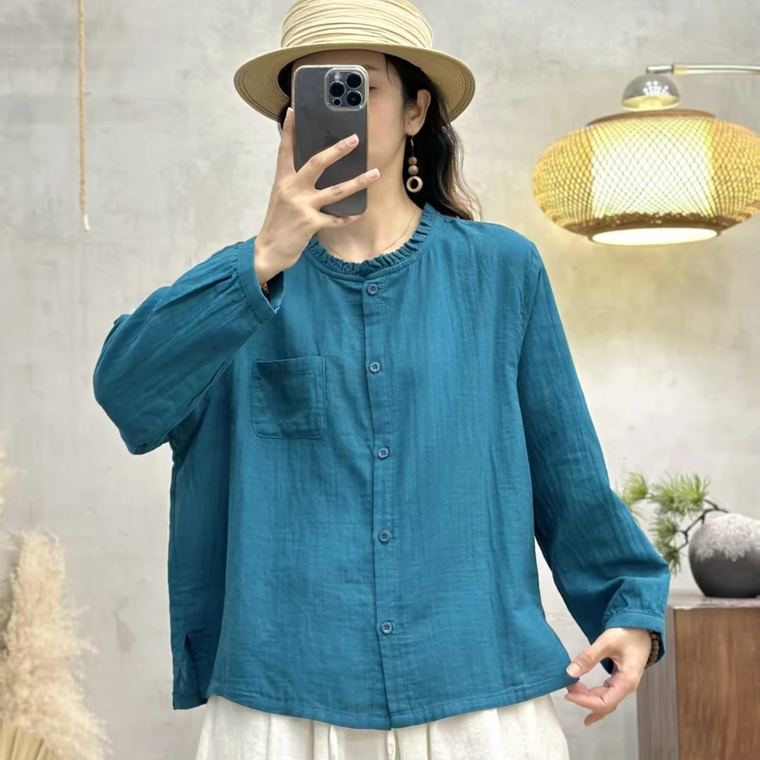 新款文艺复古宽松显瘦纯色棉纱衬衫女木耳花边领单排扣长袖上衣