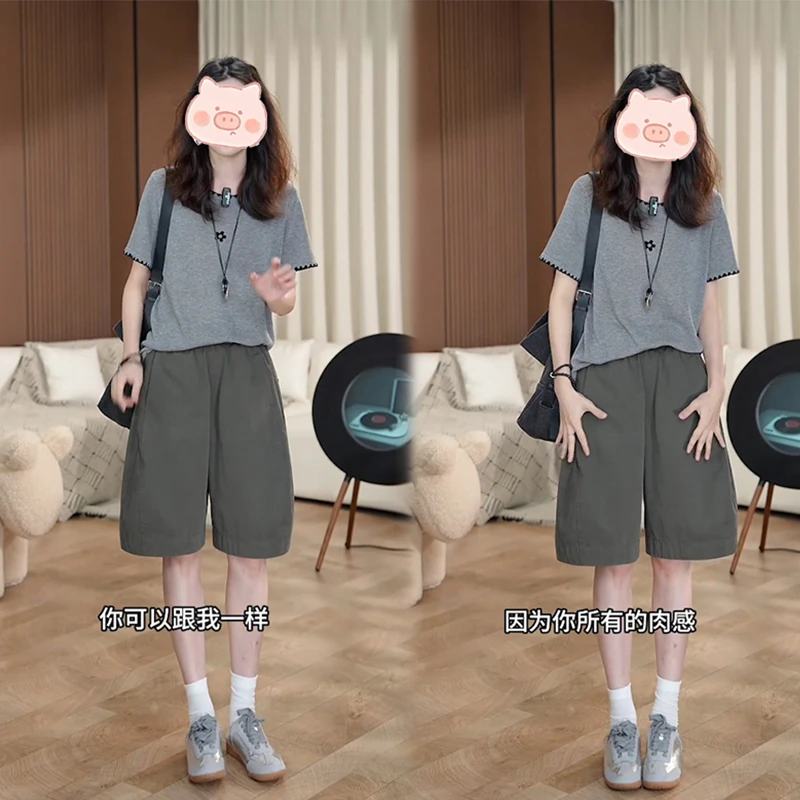 欧货美式复古百搭印花短袖T恤短裤套装2025夏款穿搭一整套两件套