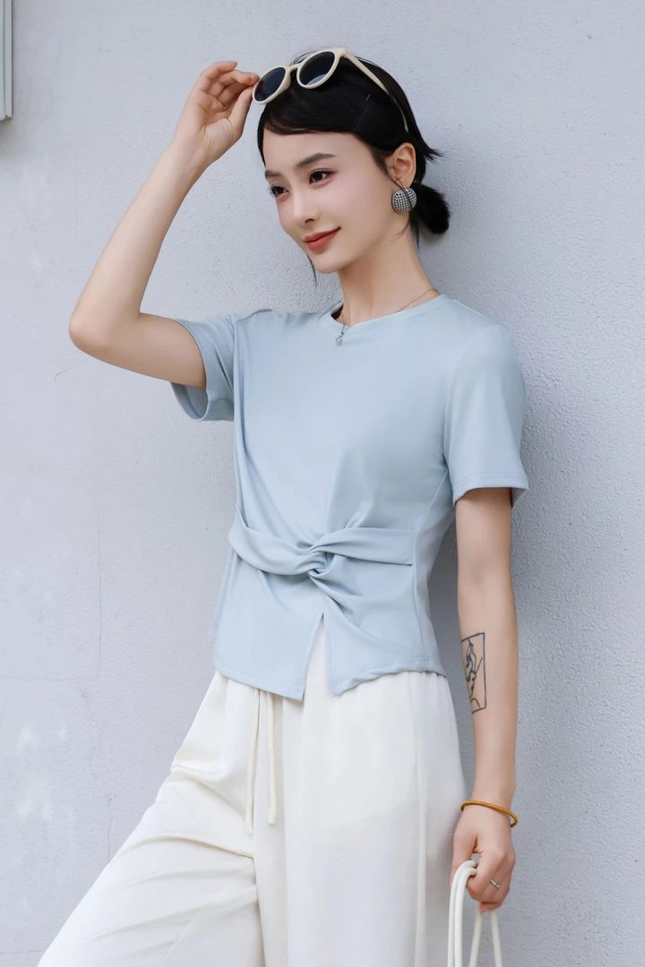 【绮绮新款】2557#时尚百搭褶皱设计感正肩短袖夏季不规则显瘦上衣