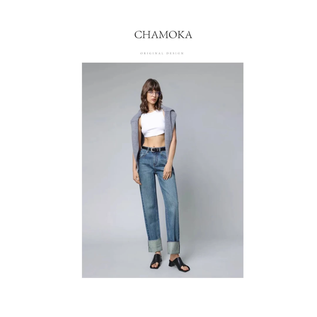 【夏莫卡】春夏时尚百搭显瘦高腰直筒卷边牛仔裤L879