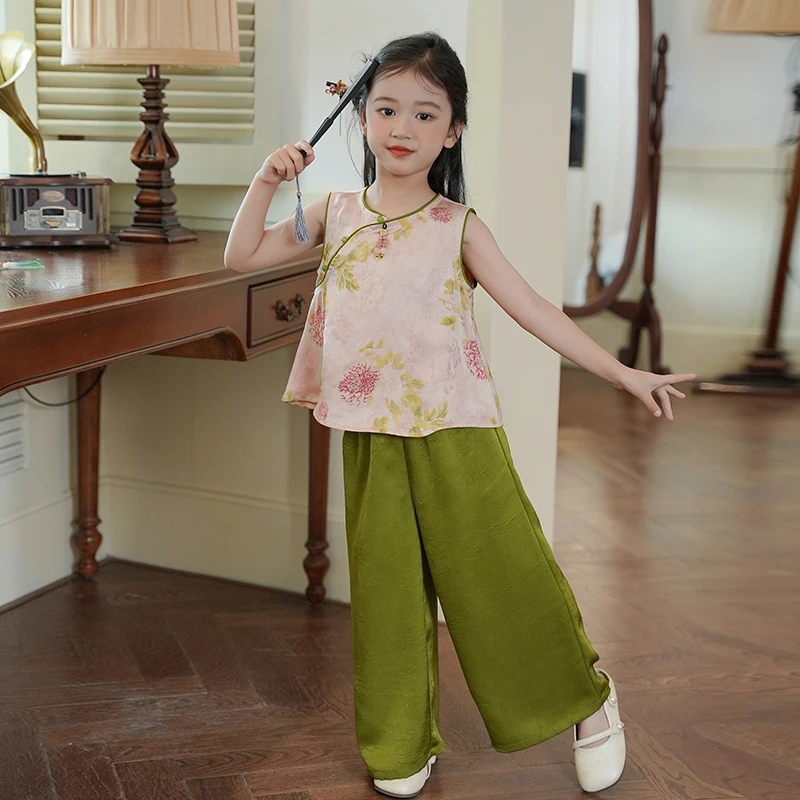 53826汉服女童新中式套装夏季2025新款古装国风背心阔腿裤两件套