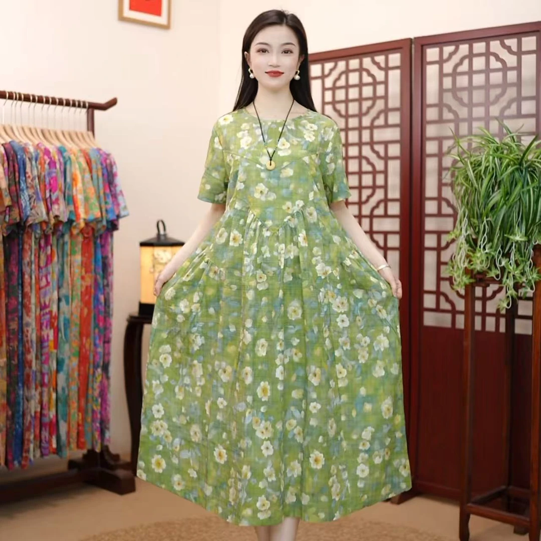 [茉莉]夏季新款高级气质棉麻柔软遮肚宽松显瘦连衣裙子