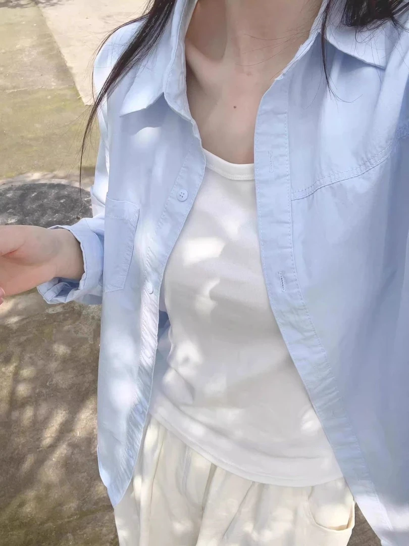 纯棉蓝色衬衫女春秋2025新款翻领内搭长袖衬衣外穿小个子韩系上衣