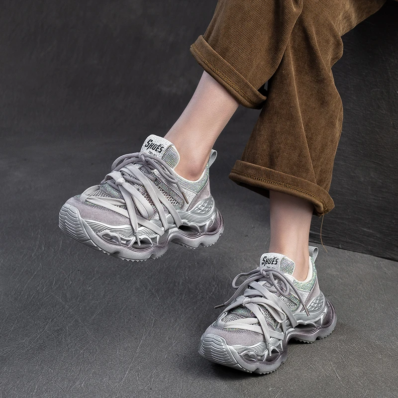 3059-1夏季超轻减震高颜值水钻老爹鞋网面防臭头层牛皮增高运动鞋