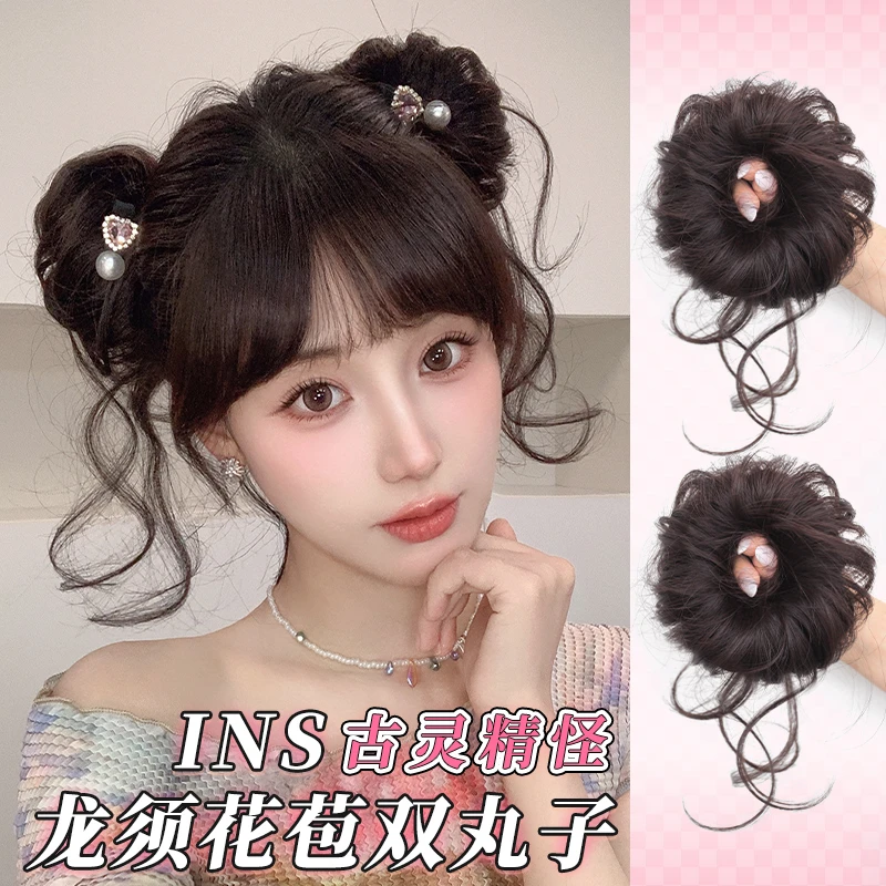 龙须双丸子头假发圈花苞盘发神器甜心兔可爱古风发包汉服高级发饰