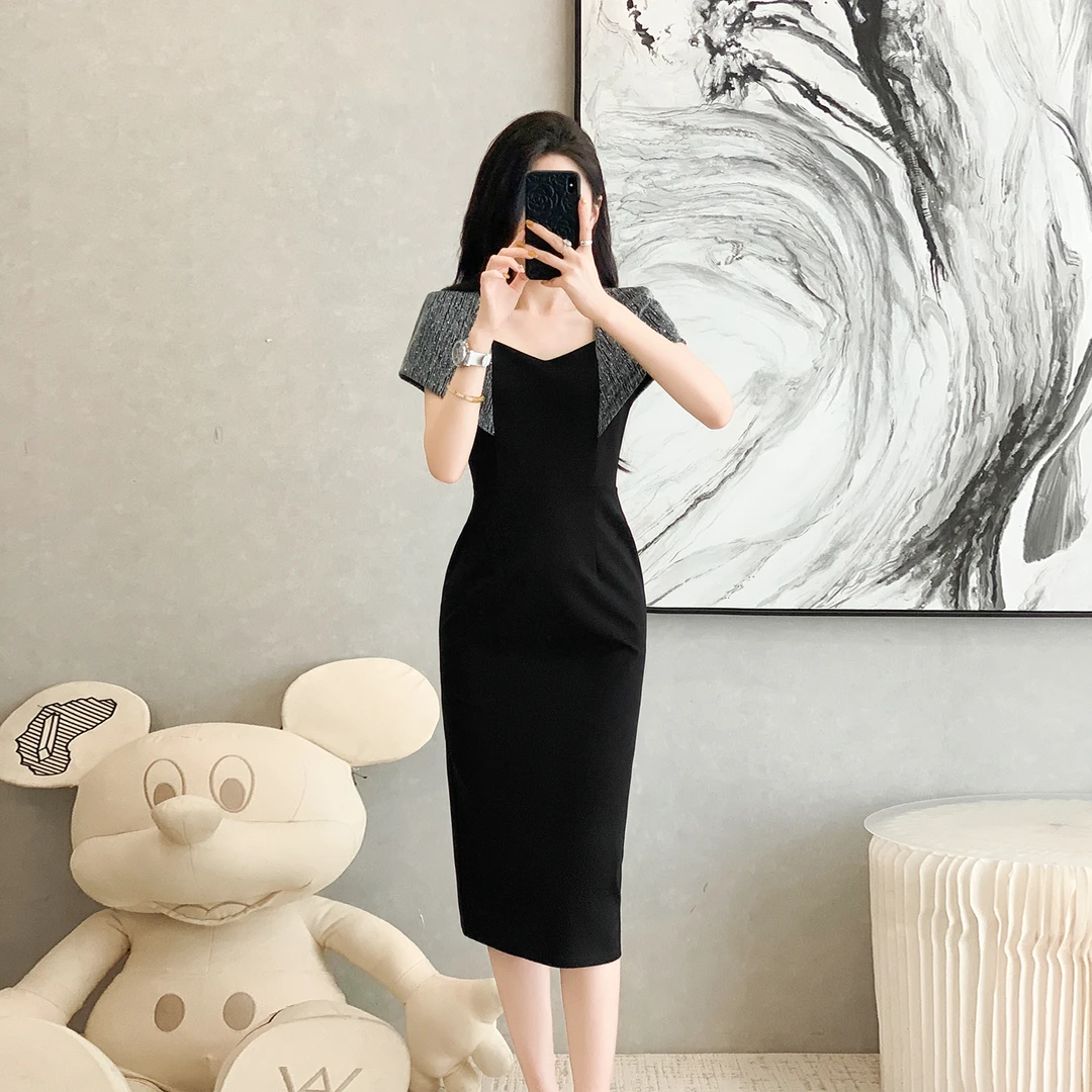 拼接连衣裙法式时尚方领礼服女装修身夏季高腰开叉连袖气质包臀裙