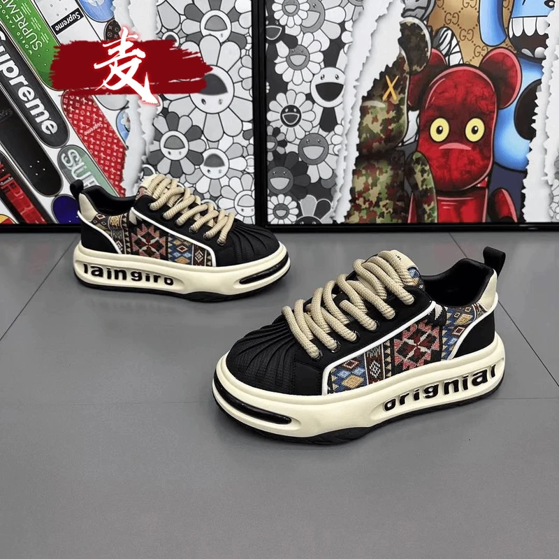 欧洲站男鞋2025春季款休闲新款百搭板鞋跑步皮面增高运动老爹鞋男