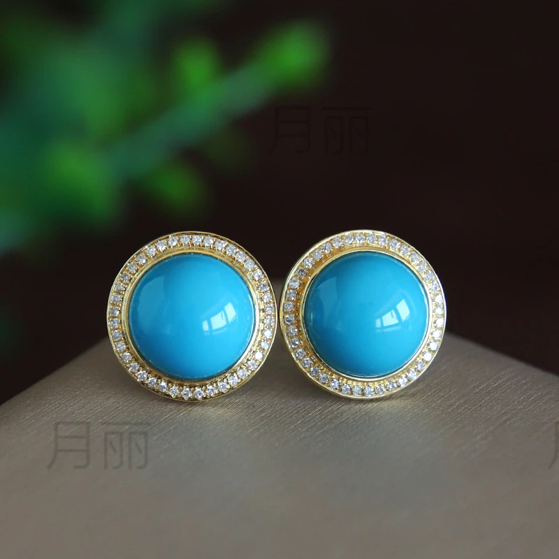 高品质天然原矿绿松石耳钉 金镶湖北高瓷蓝玉化料耳饰 时尚高级