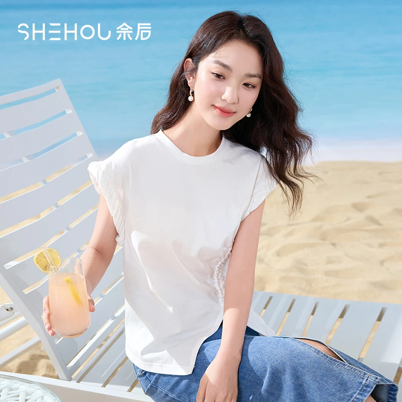 佘后小清新休闲纯棉上衣简约无袖圆领开叉棉T恤