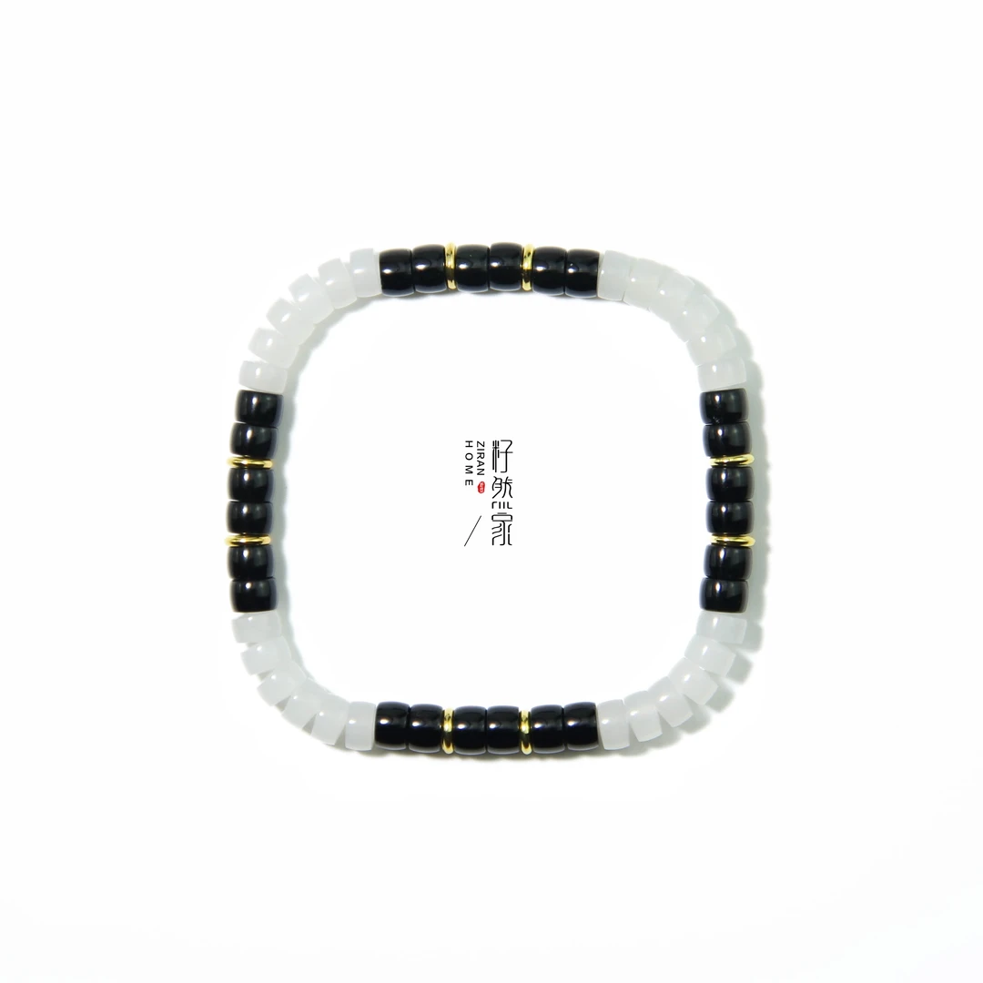 天然和田玉黑青白玉黑白双拼直切药片 【归方】手串6mm个性小众
