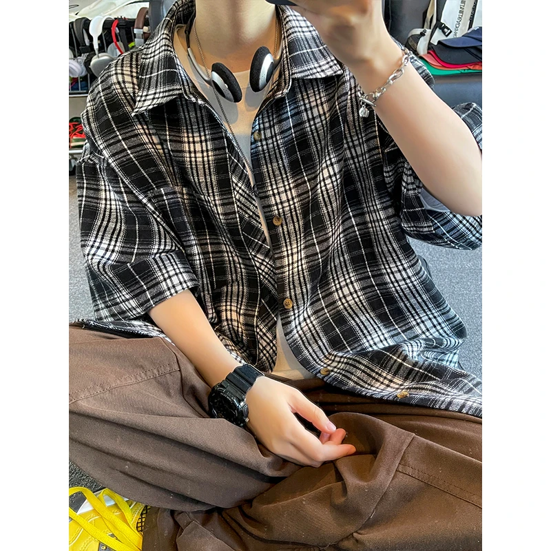 夏季新款格子短袖衬衫男没事潮牌薄款透气格纹上衣宽松休闲五分袖