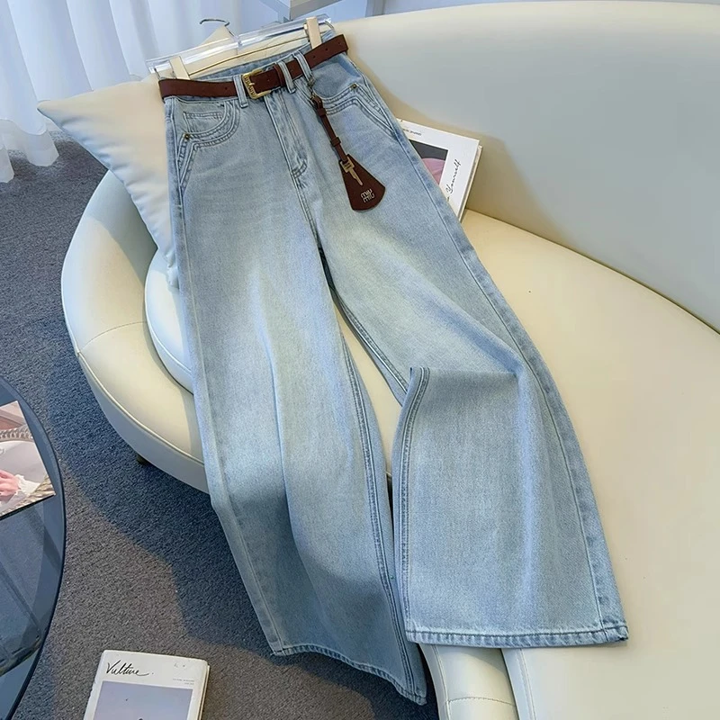 春秋窄版阔腿牛仔裤女2025新款高腰复古时尚气质宽松显瘦直筒裤子