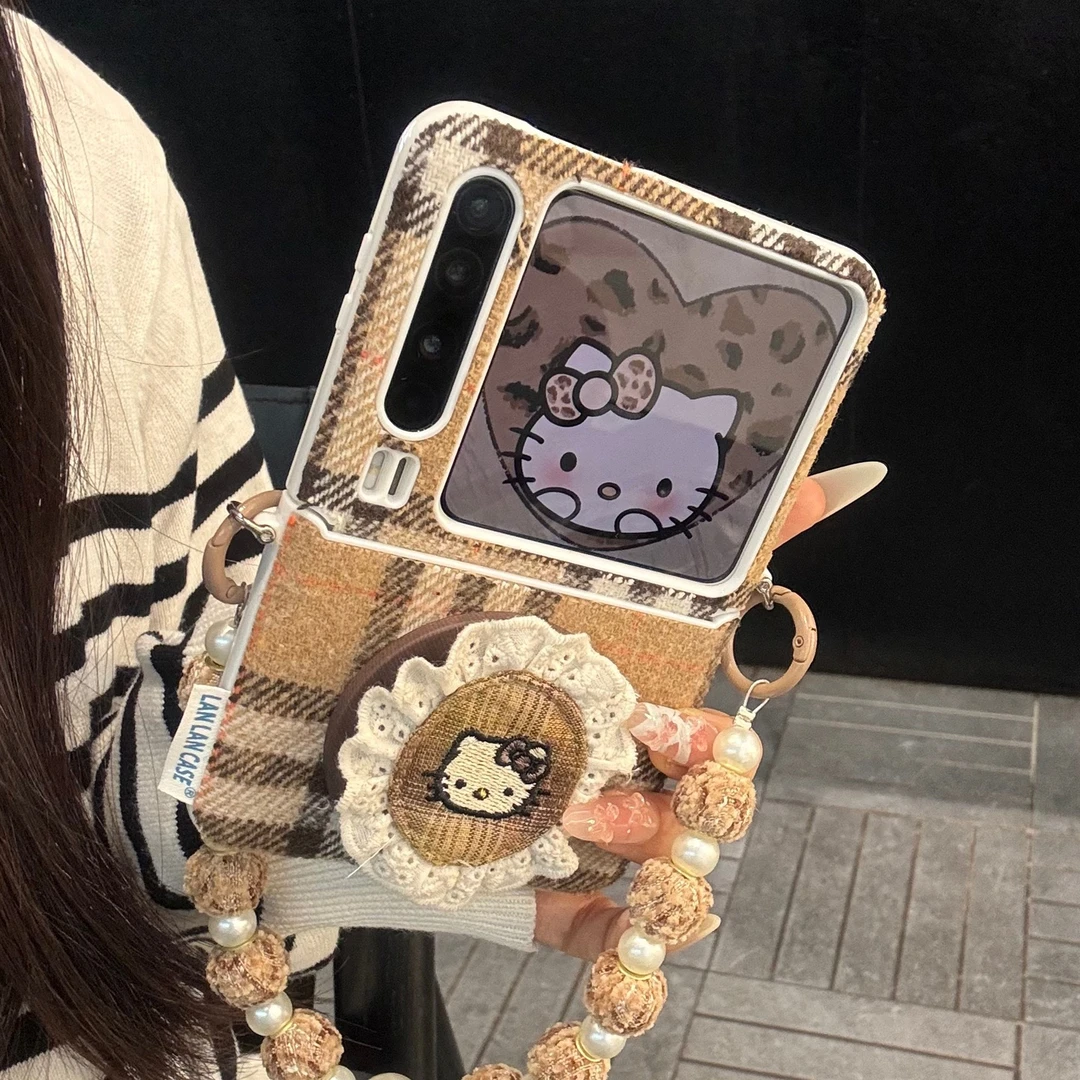 适用华为purax折叠屏手机壳棕色格纹pocket2蕾丝刺绣kt猫磁吸支架