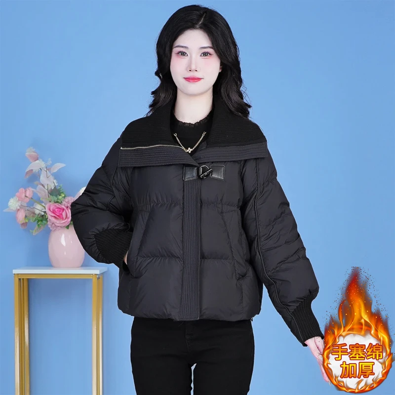 韩版时尚保暖短款棉服女2025年冬季新款百搭加厚针织拼接翻领外套