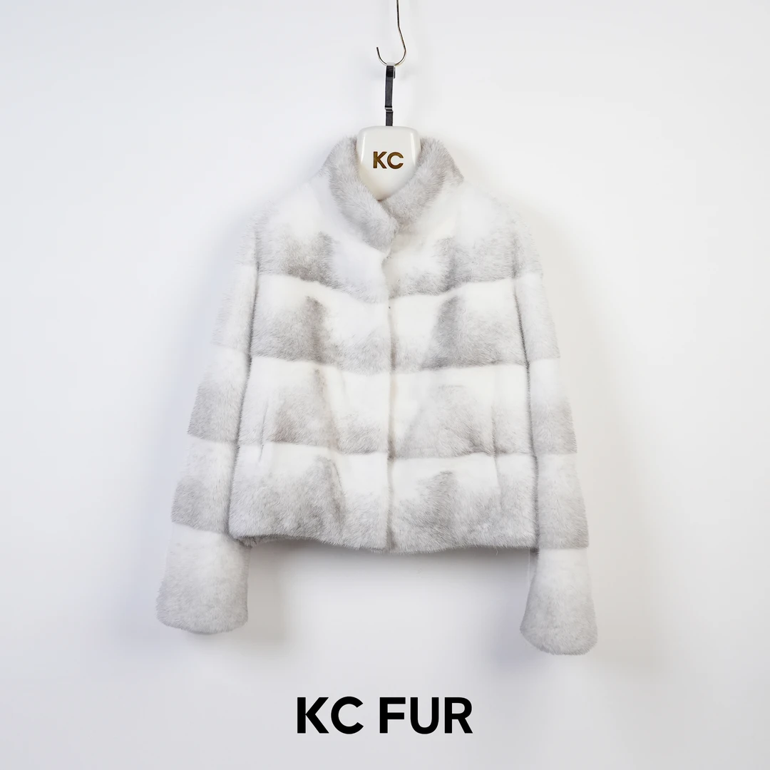 KC【天然皮草】银十字短款立领横排进口水貂人生皮草外套55cm-2299