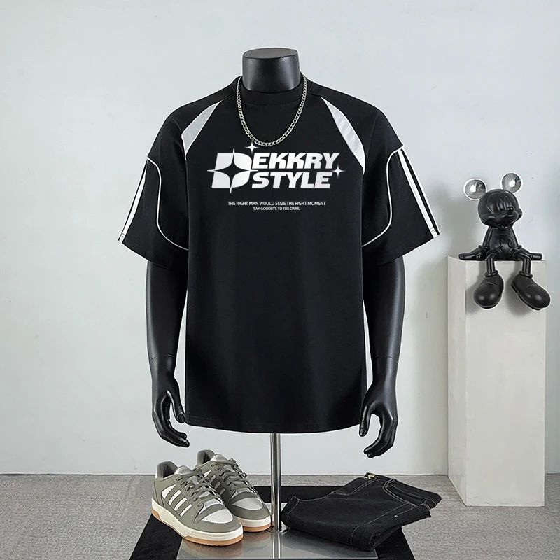 特大码300斤美式高街健身字母印花线条纯棉短袖t恤男宽松休闲条纹