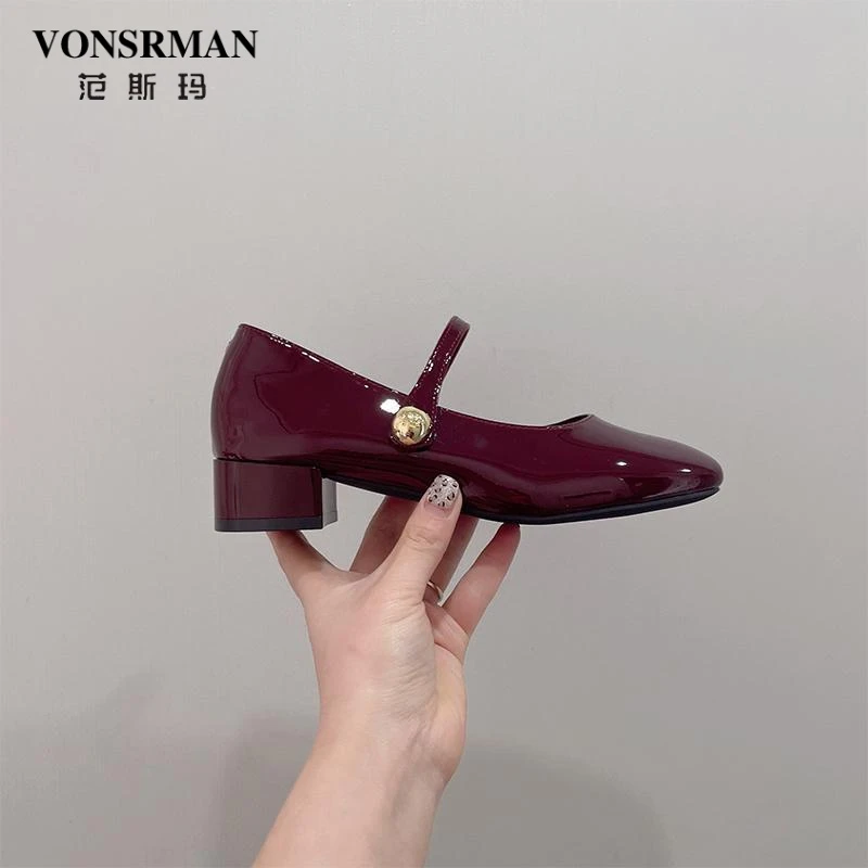 软底复古漆皮高跟浅口单鞋女2025春季新款百搭气质配裙子一字扣