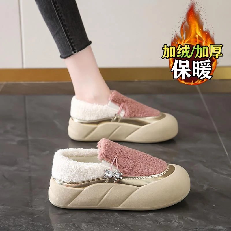 女鞋棉鞋2025新款秋冬季加绒保暖孕妇豆豆鞋一脚蹬厚底羊羔毛毛.