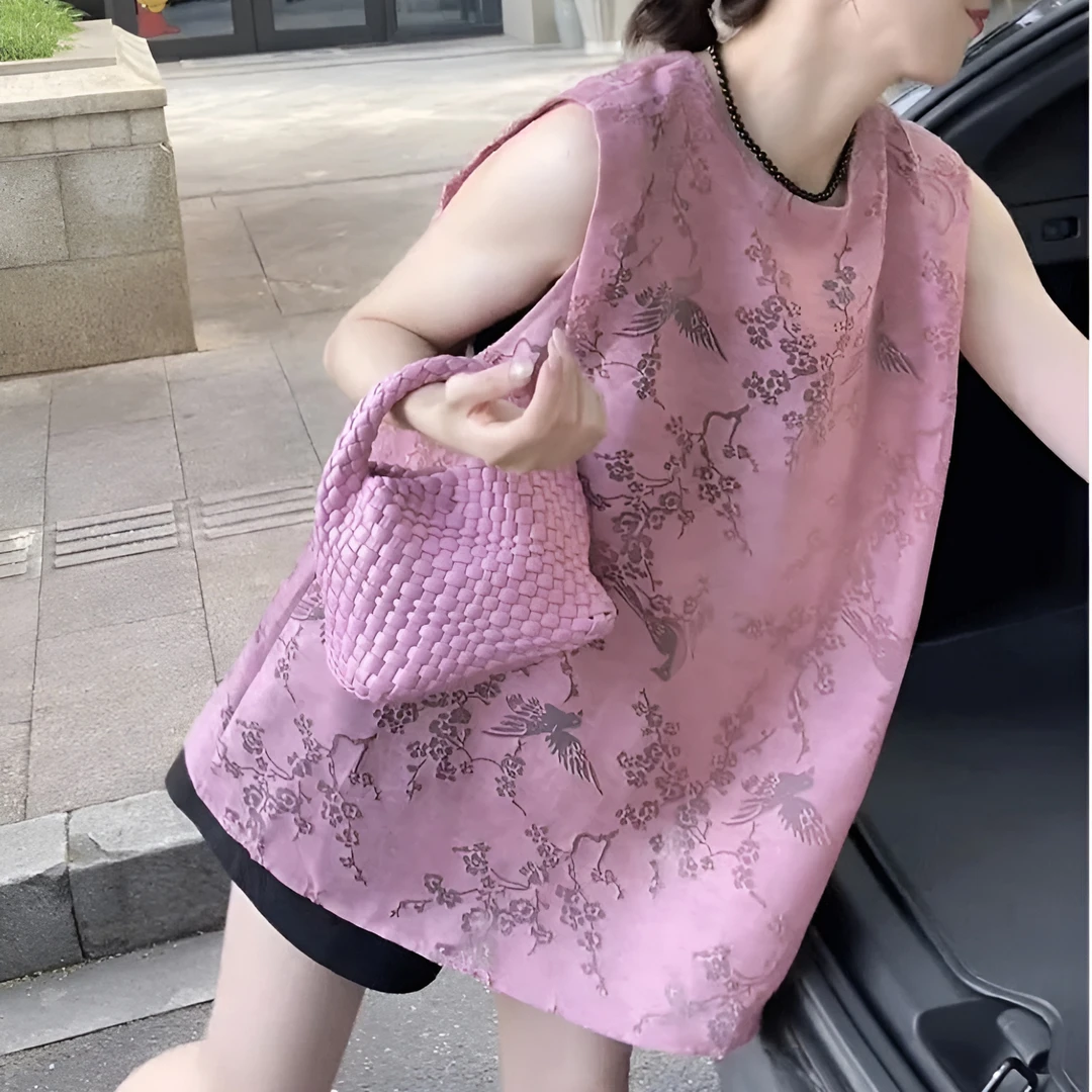 新中式国风独特漂亮小衫女2025夏季新款法式小香风提花无袖衬衫女