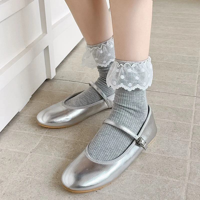 日系甜美花边袜子6588春秋中腰蕾丝花边纯色黑白袜子女无骨接缝袜