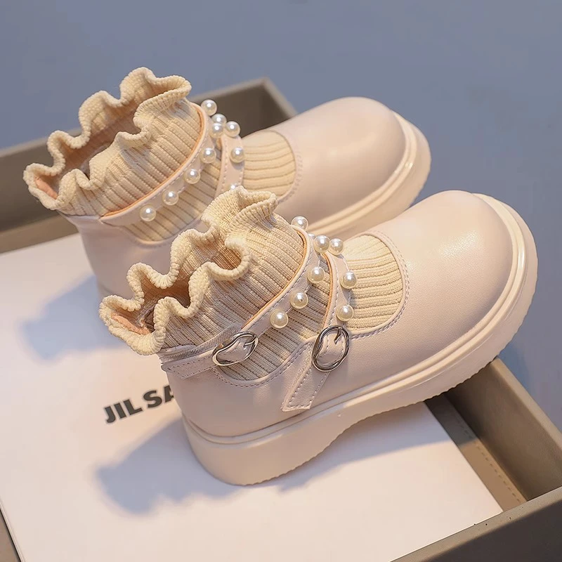 ABC儿童马丁靴女童毛线筒短靴2025秋冬新款女宝宝珍珠加绒袜子靴