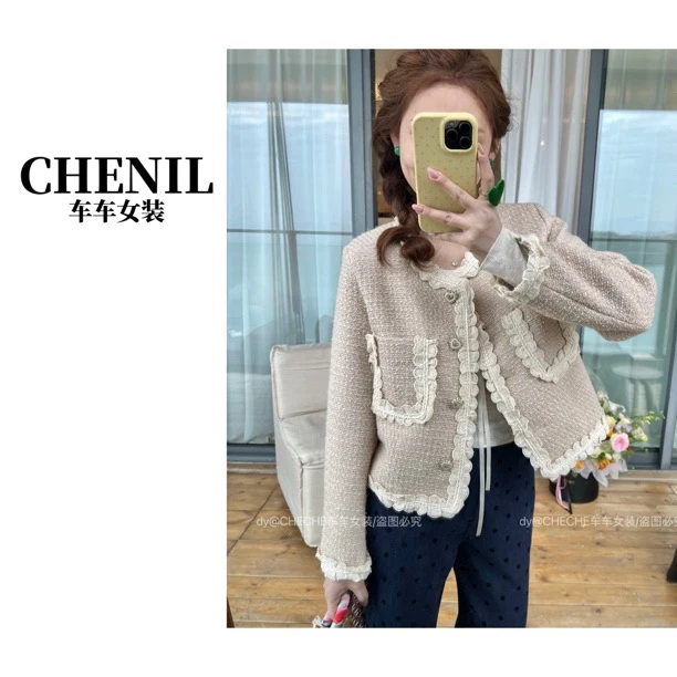 CHECHE【小千金】春季新款设计感自带花边小香外套