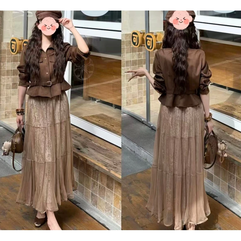 巨好看千金风麂皮甜酷长袖外套配腰带+百褶纱裙两件套显瘦韩系仙