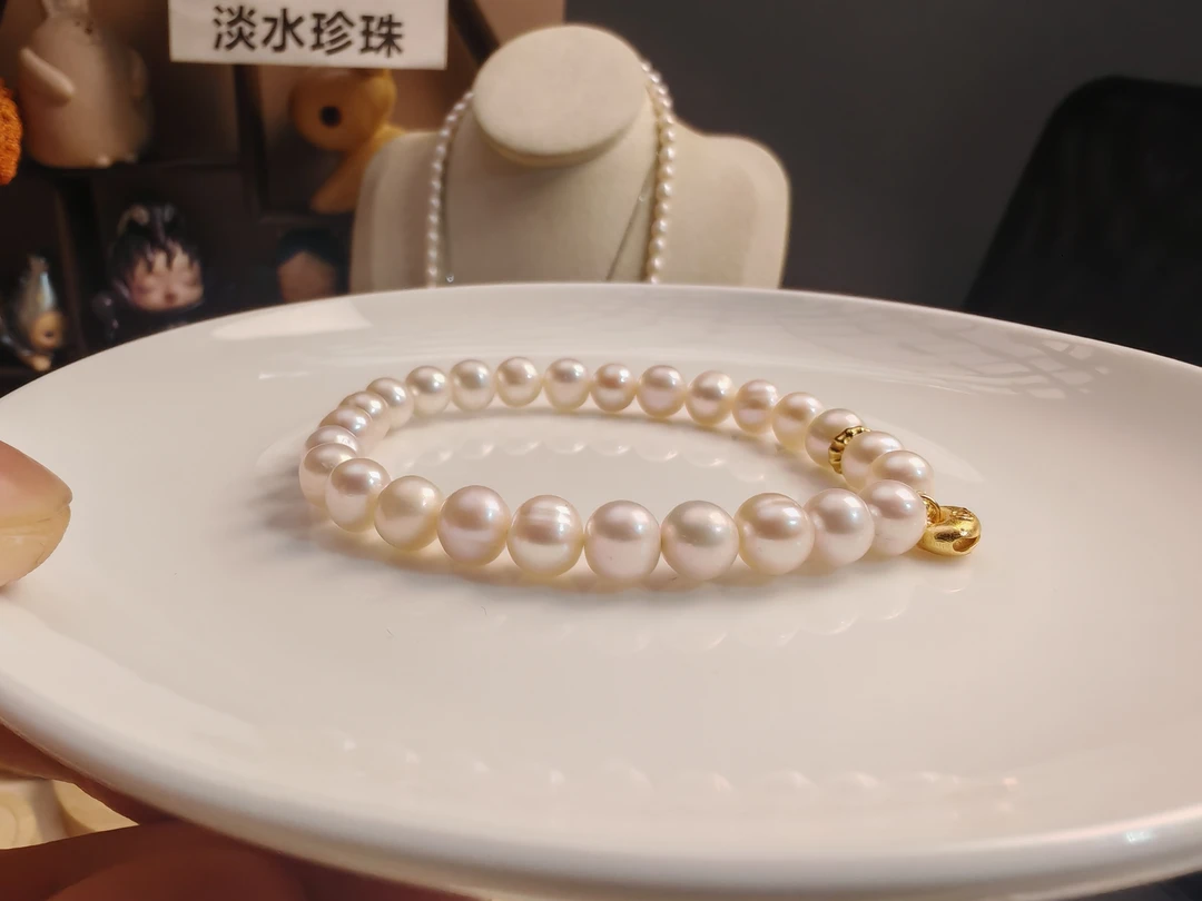 天然无核淡水珍珠简约百搭 金锁 s925银手链手串6.5-7mm