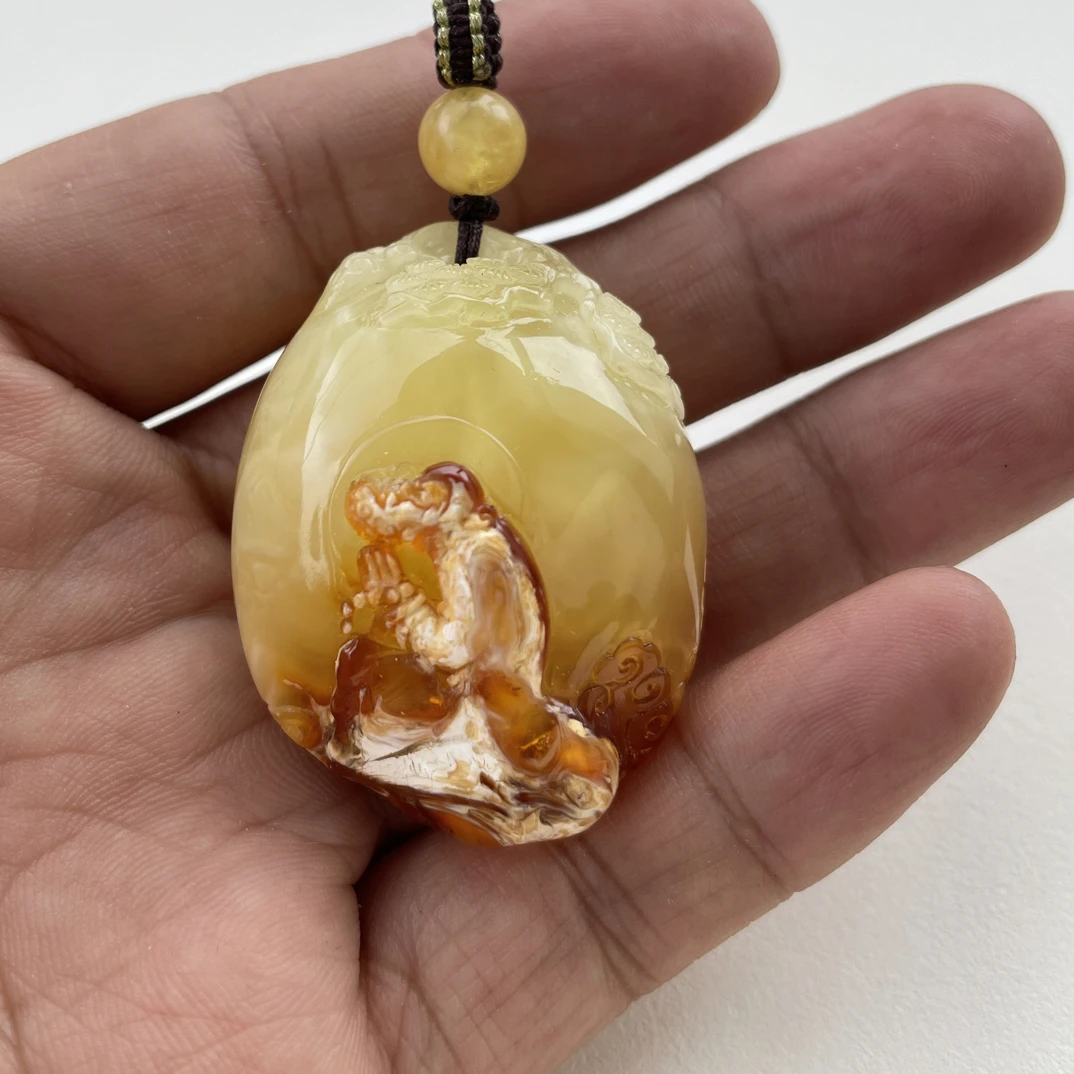 沁色金白溶洞文玩蜜蜡蜜蜡吊坠达摩悟道15.43g44.9/34.1/20.3㎜