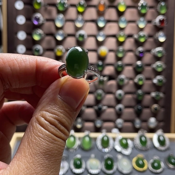 蛇纹石玉银S925镶嵌戒指