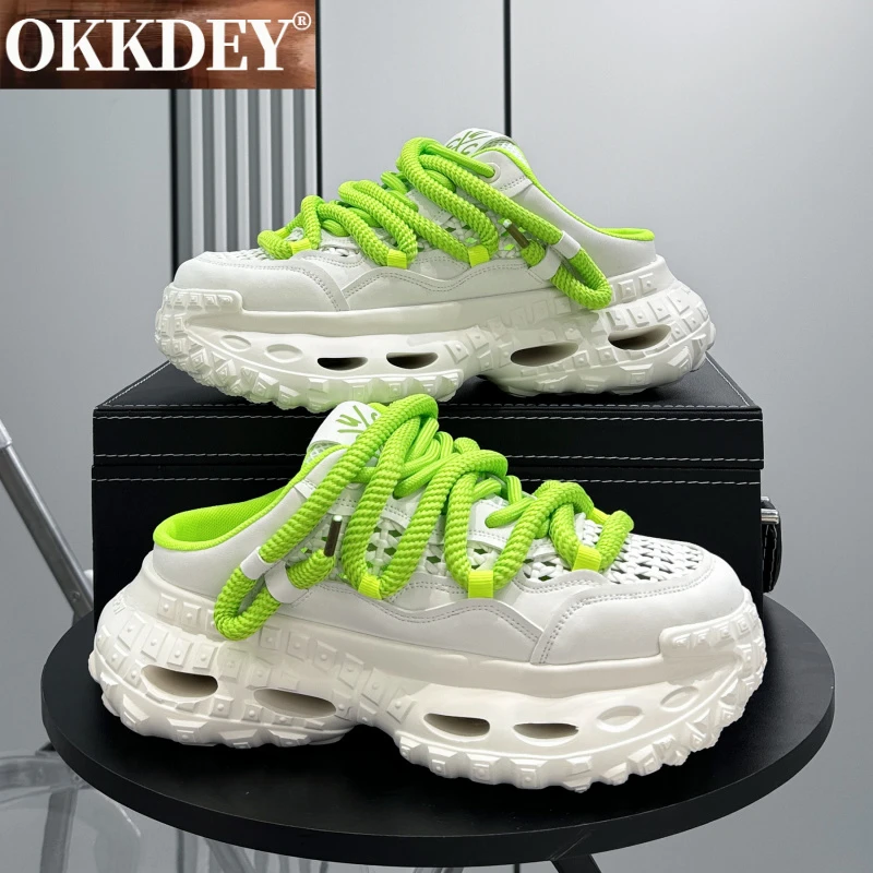 okkdey半拖老爹鞋男款厚底增高鞋子男秋季镂空透气外穿包头拖鞋