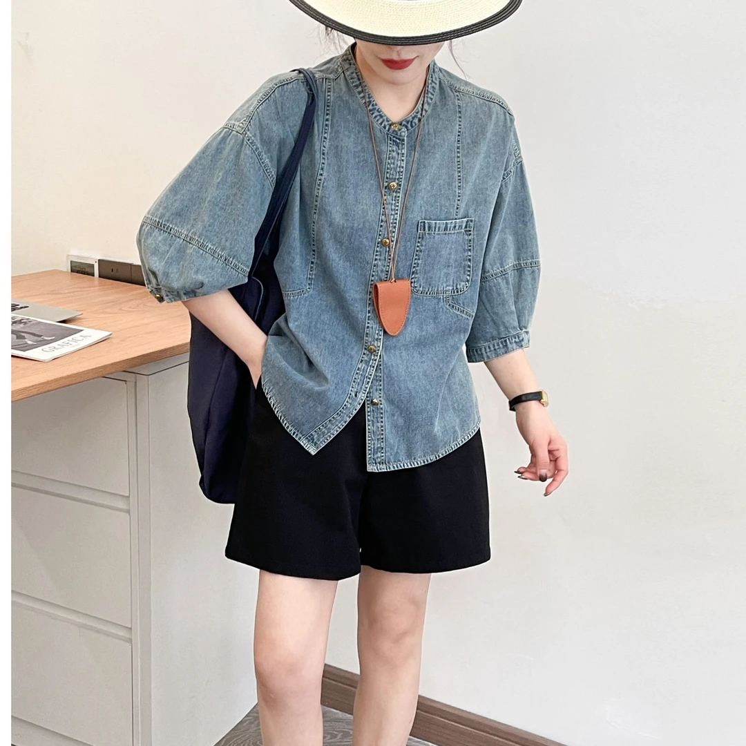 千百蔚复古慵懒风小众时尚套装短款女装显瘦牛仔夏季上衣牛仔衬衫