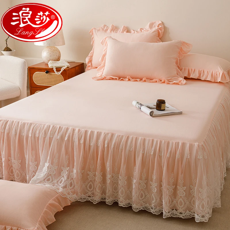 浪莎公主风床裙三件套a类水洗棉遮丑下摆带裙边单件床罩四季通用