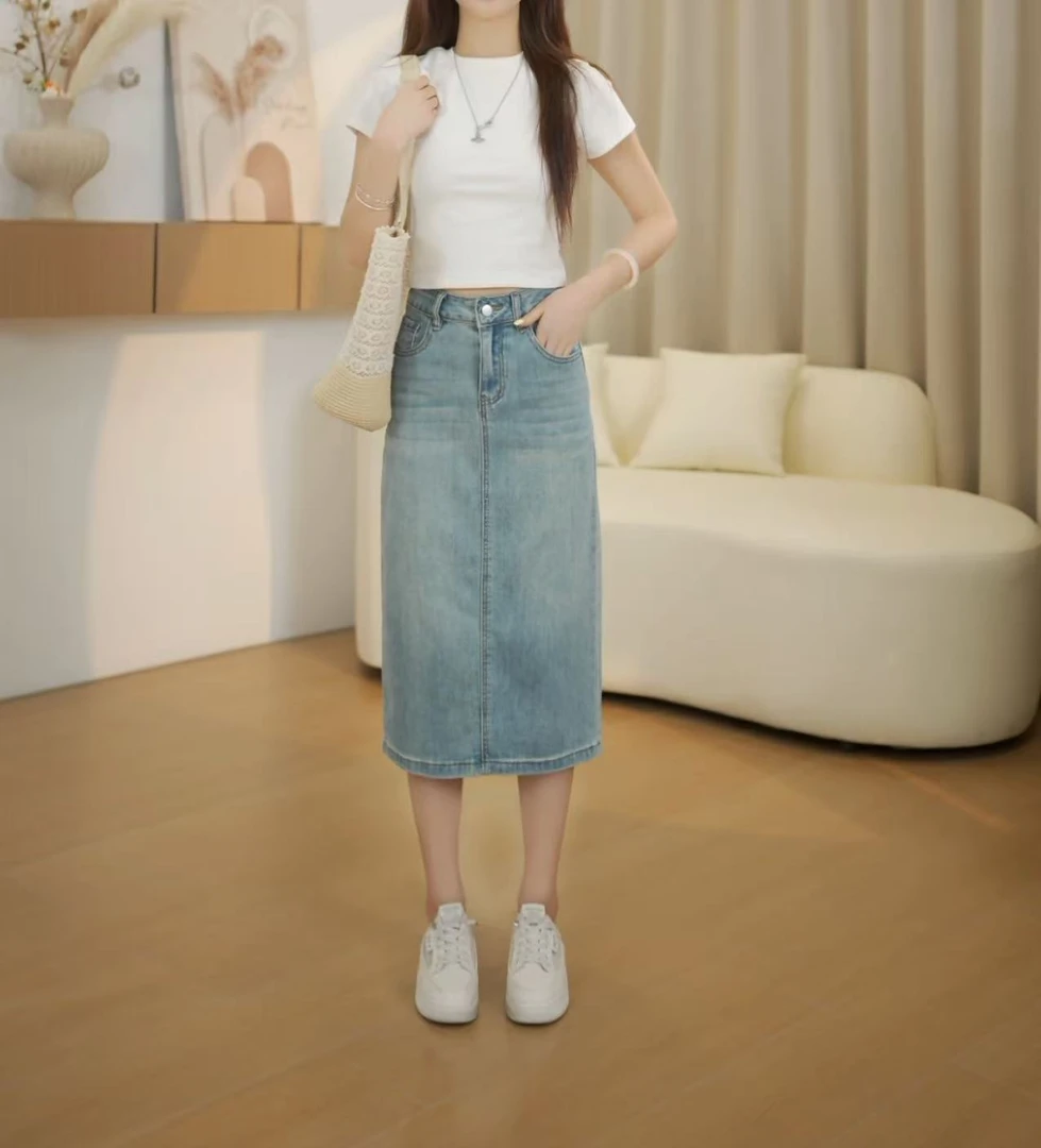 小个子高腰复古牛仔半身裙薄款女装开叉裙子夏季中长款