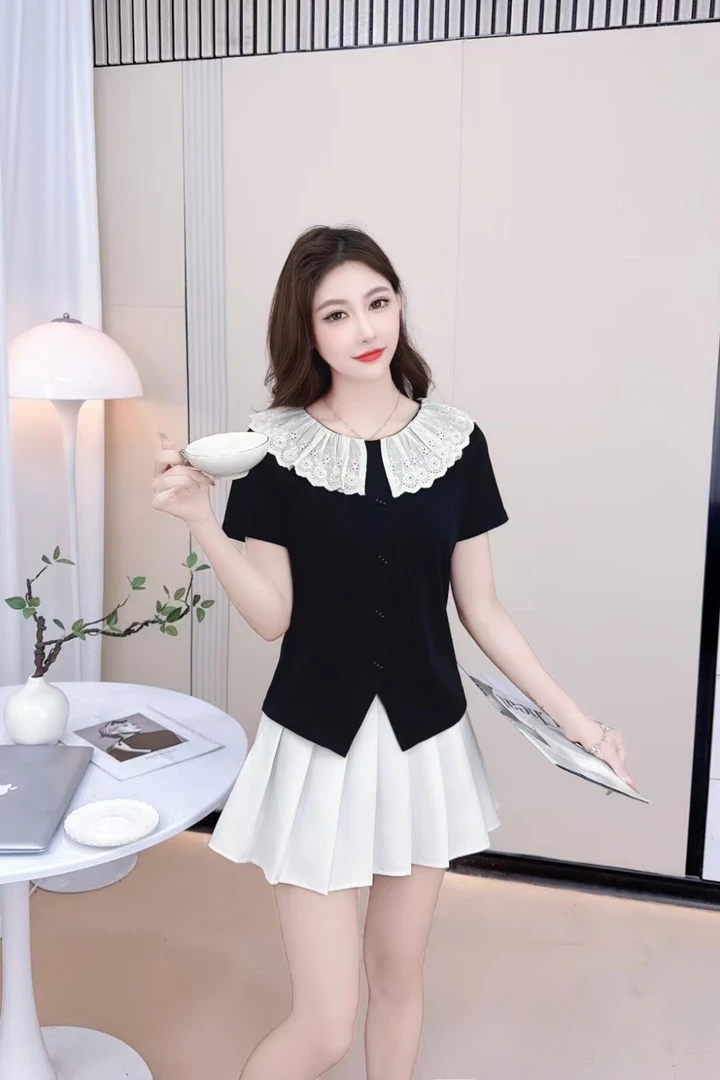 2025新款夏季修身显瘦气质花边领短袖T恤时尚减龄洋气不规则上衣