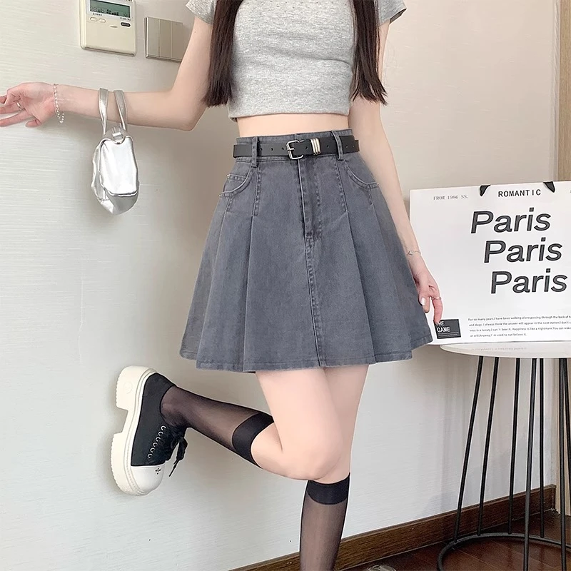 2025新款夏季薄款高腰显瘦百褶防走光牛仔A字半身裙短裙