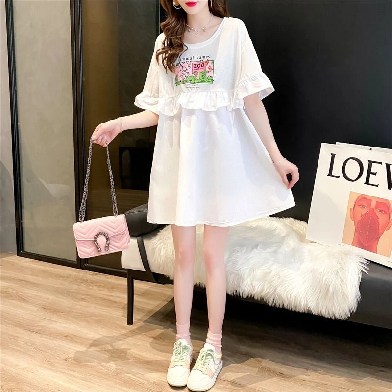 荷叶边超仙上衣短袖T恤裙2025新款夏季女装中长款宽松显瘦半身裙