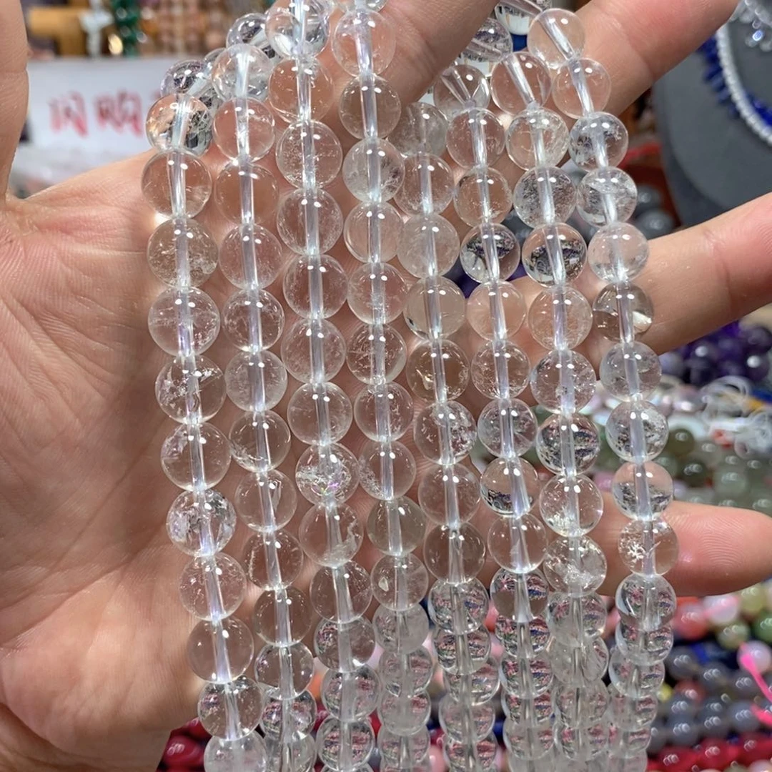 玛瑙/玉髓合金珠宝半成品天然白水晶圆珠一条卡10mm