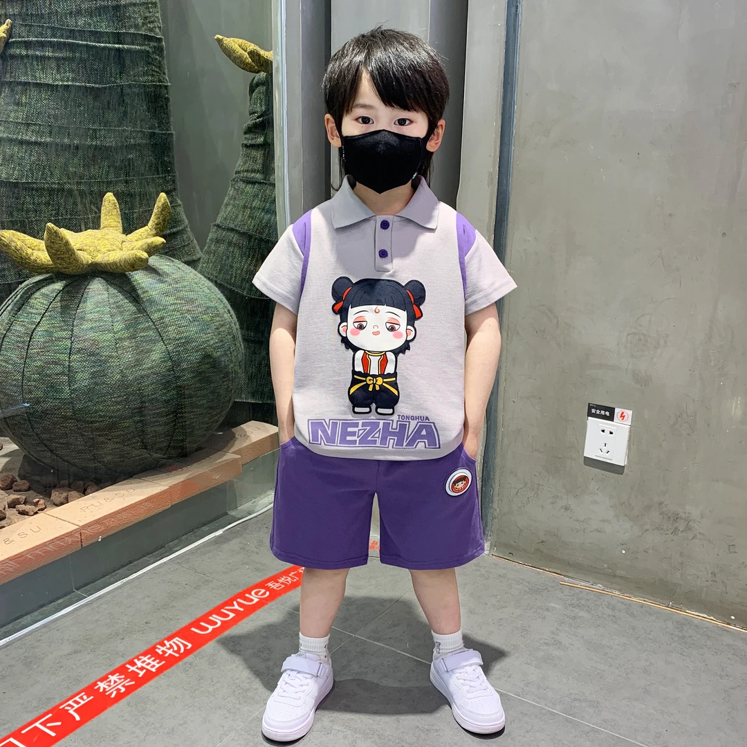 哪吒衣服男童夏装套装2025新洋气短袖POLO衫宝宝夏季休闲帅气卡通