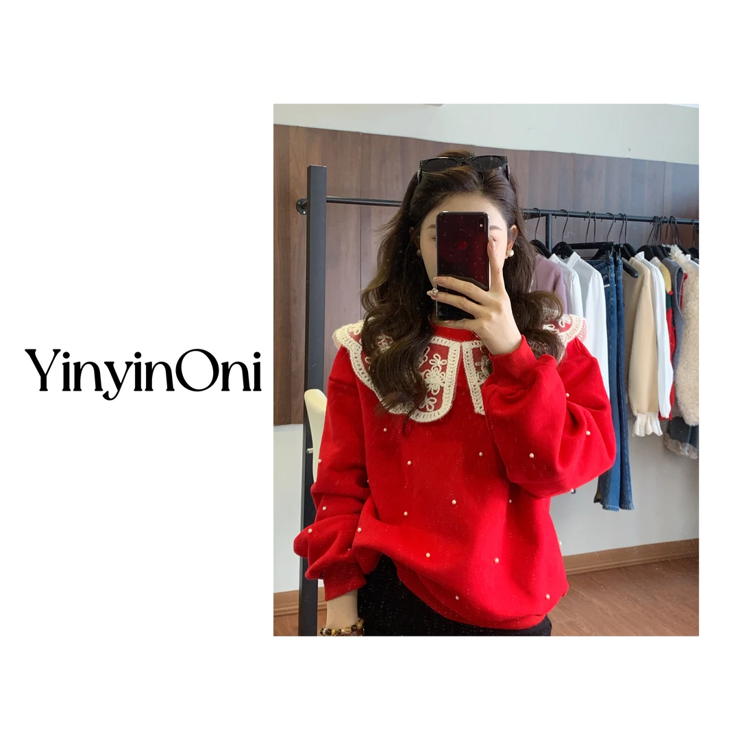 茵茵欧尼（草莓拿铁）加绒拼接花边娃娃领钉珠卫衣