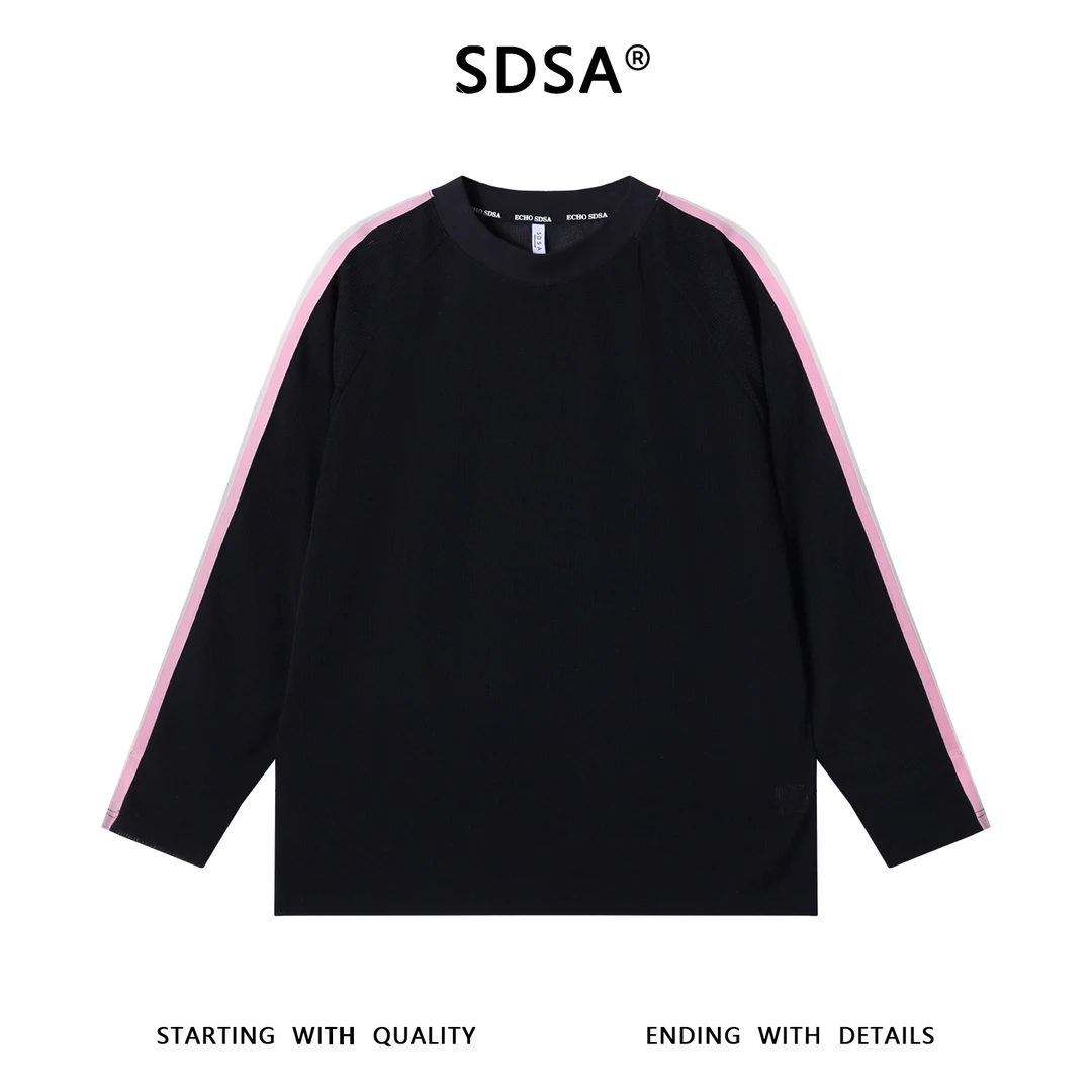 SDSA男士秋冬新款轻奢痞帅男装撞色织带玉米格圆领长袖T恤时尚潮
