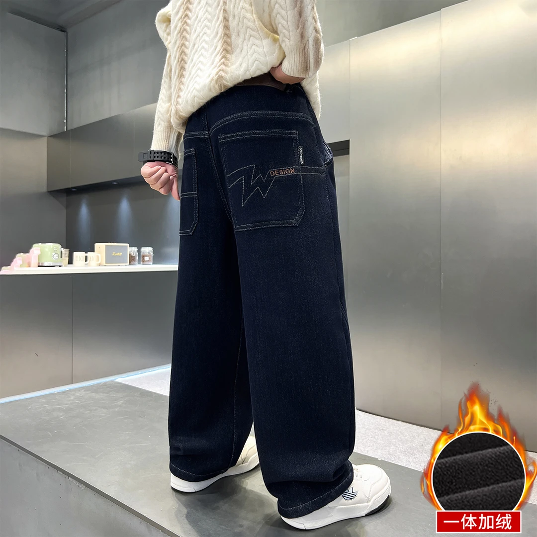 男童牛仔裤秋冬款2026新款中大儿童冬季休闲长裤加绒加厚直筒裤子