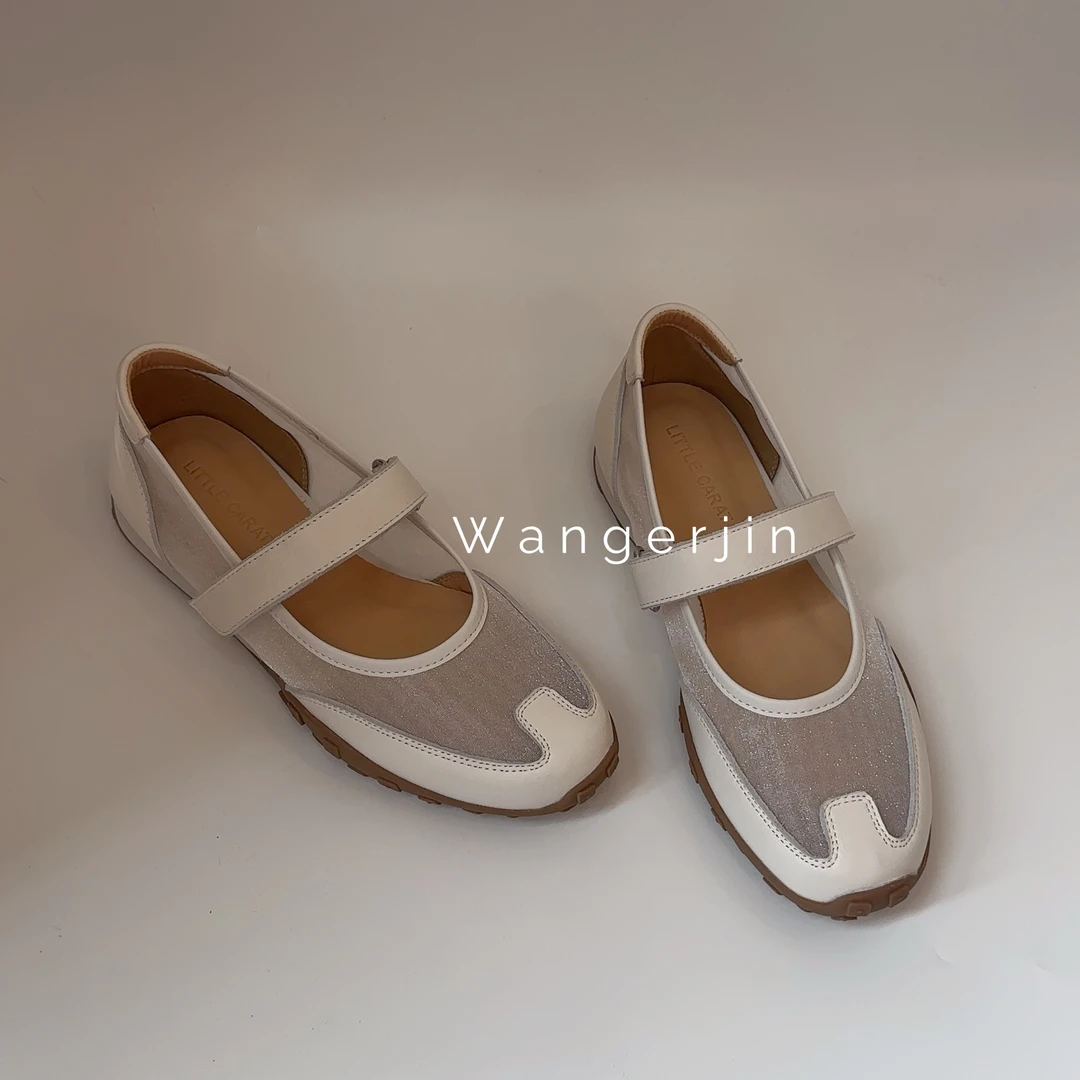 【六呈六】牛皮/3CM/运动机能网纱极简一字带玛丽珍时尚休闲德训鞋