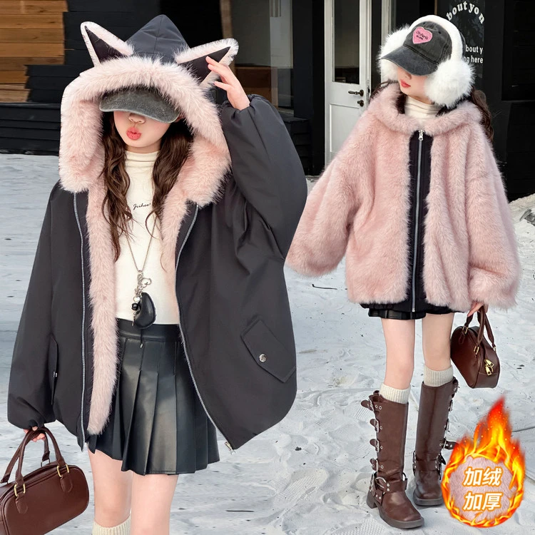 女童秋冬两面穿派克服外套2025新款儿童大童女孩冬季仿皮草毛毛衣