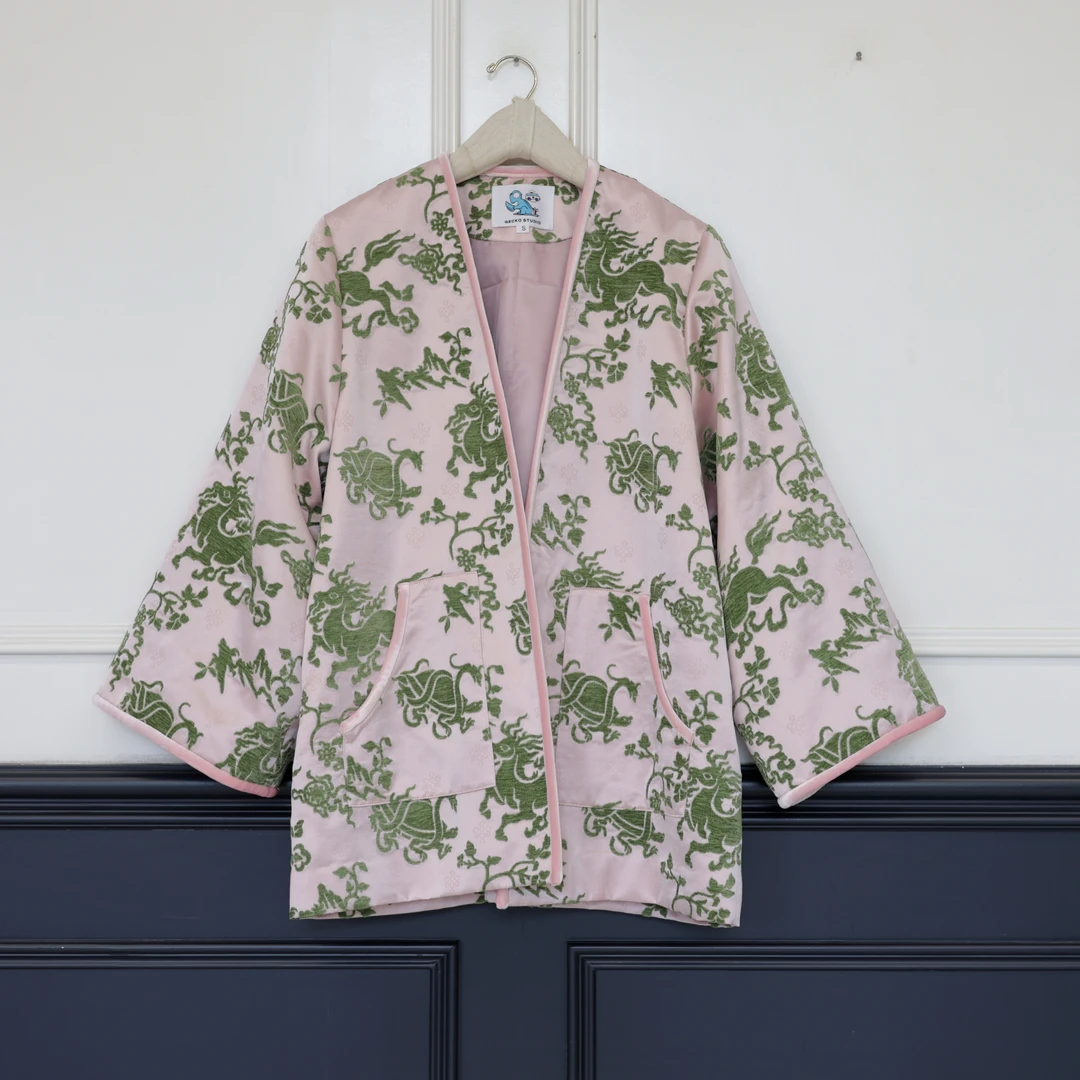 【壁虎姐】F2024新款 新中式粉绿色提花绒花刺绣国风夹薄棉外套