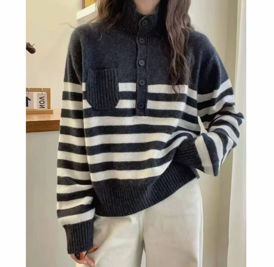 条纹立领小口袋2025新单排扣撞色装饰秋季针织毛衣Y1231