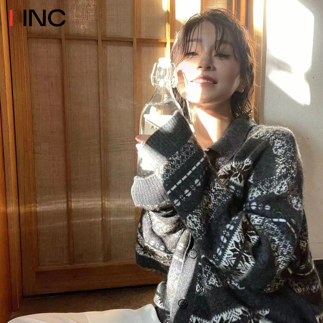 ICEDUST 费尔岛毛衣开衫女25FW秋冬新款复古翻领针织长袖上衣IINC